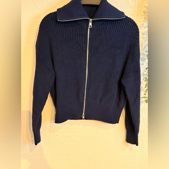 PIPER cotton zip-up collared sweater jacket NWOT dark blue - Picture 2 of 7